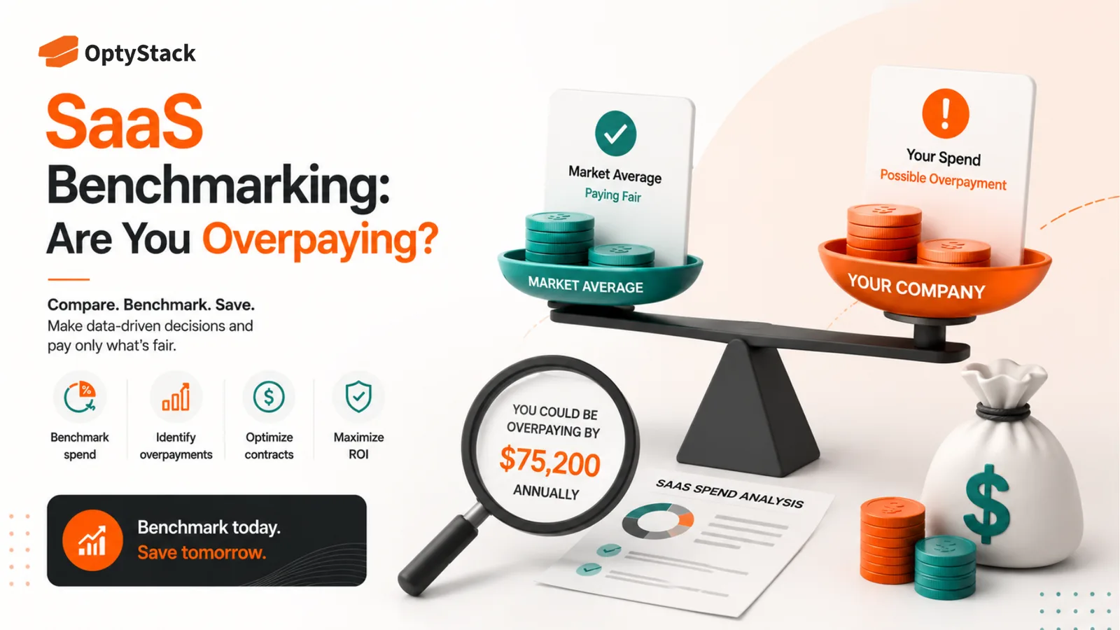 OptyStack SaaS benchmarking concept illustrating spend comparison against market benchmarks, pricing analysis, contract optimization, and potential savings to identify overpayment and improve SaaS spending efficiency.