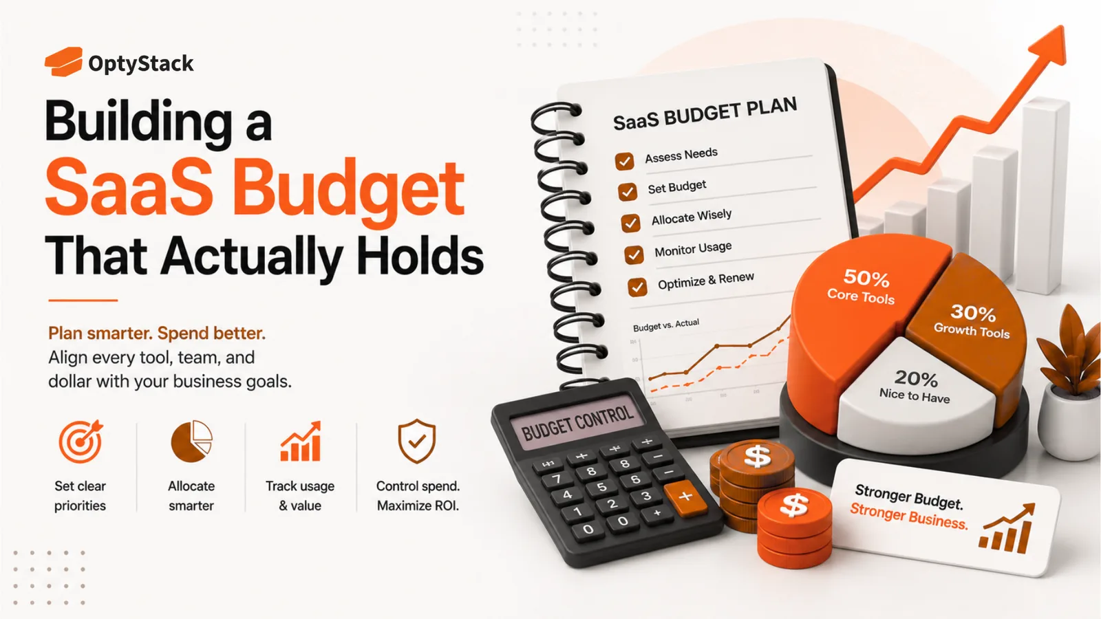 **Image Alt Text:** OptyStack SaaS budgeting concept illustrating strategic budget planning, spend allocation, usage tracking, cost control, and ROI optimization for building a sustainable SaaS budget.