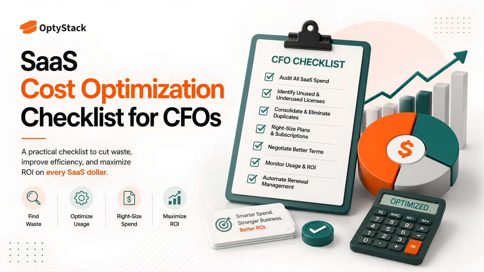 OptyStack SaaS cost optimization checklist for CFOs, illustrating SaaS spend auditing, unused license identification, tool consolidation, subscription right-sizing, contract negotiation, usage and ROI monitoring, and renewal management.