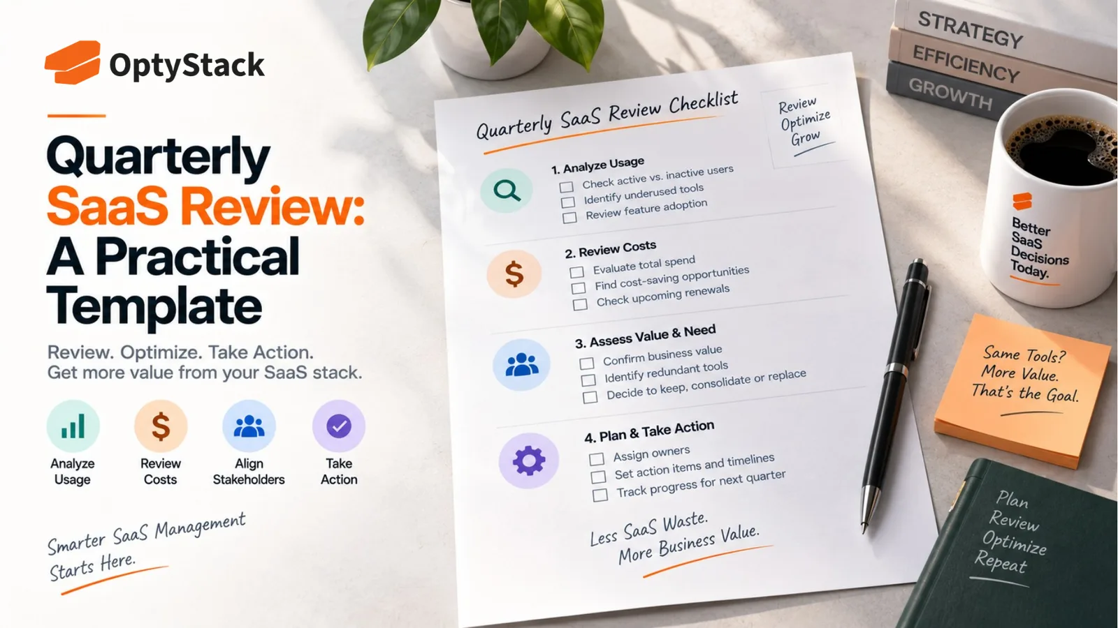 OptyStack quarterly SaaS review concept featuring a practical checklist for analyzing usage, reviewing costs, assessing tool value, aligning stakeholders, and planning SaaS optimization actions.