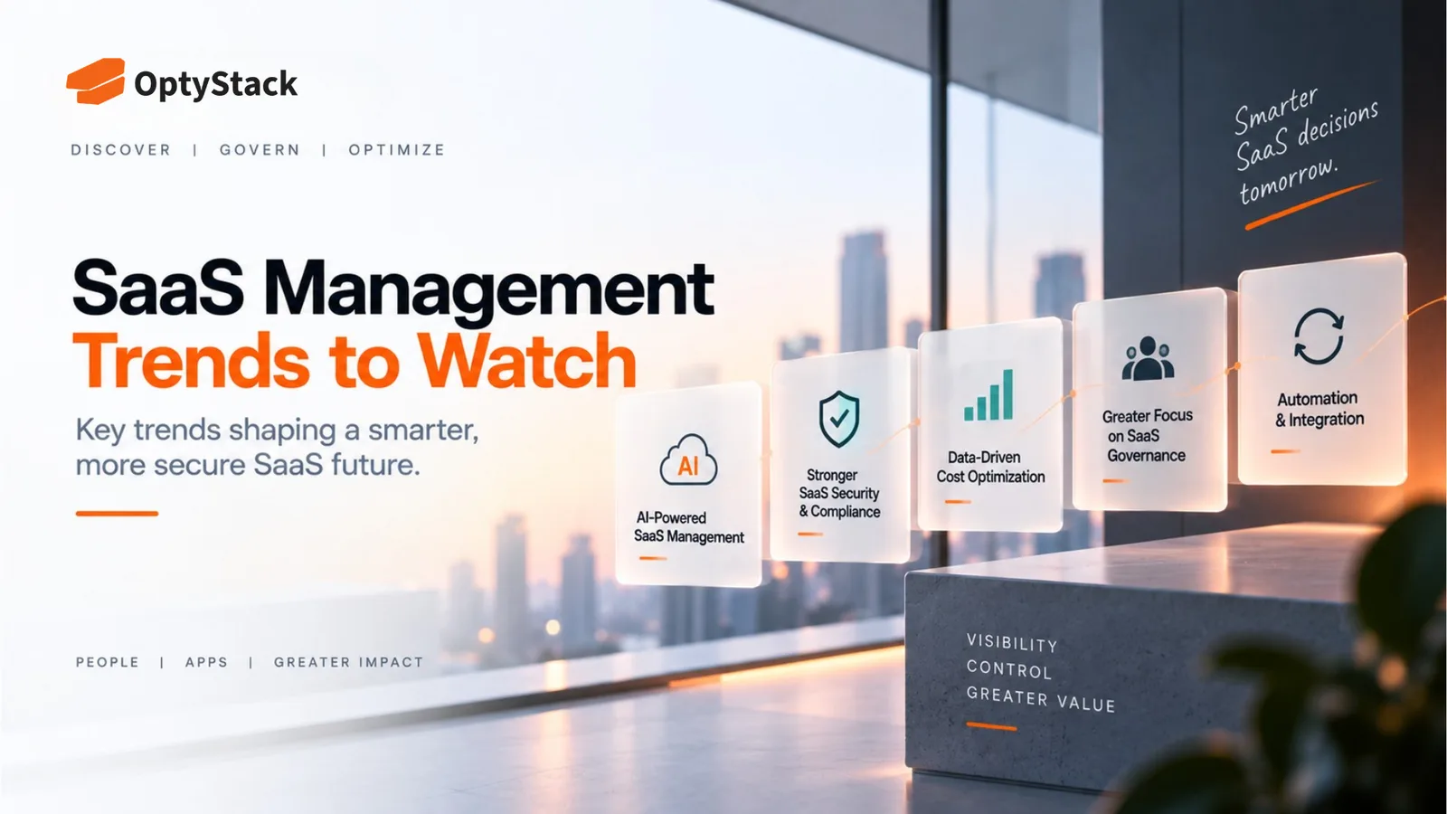 OptyStack SaaS management trends concept highlighting AI-powered SaaS management, security and compliance, data-driven cost optimization, SaaS governance, and automation and integration.