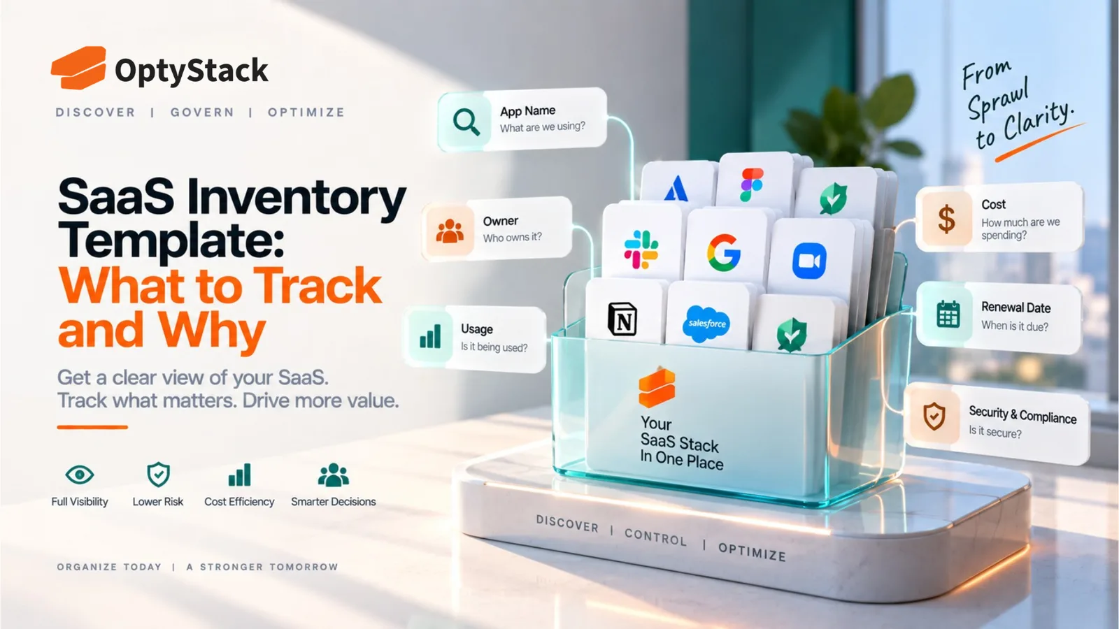 OptyStack SaaS inventory template concept showing a centralized 3D SaaS stack with app name, ownership, usage, cost, renewal date, and security and compliance details for better visibility and cost control.