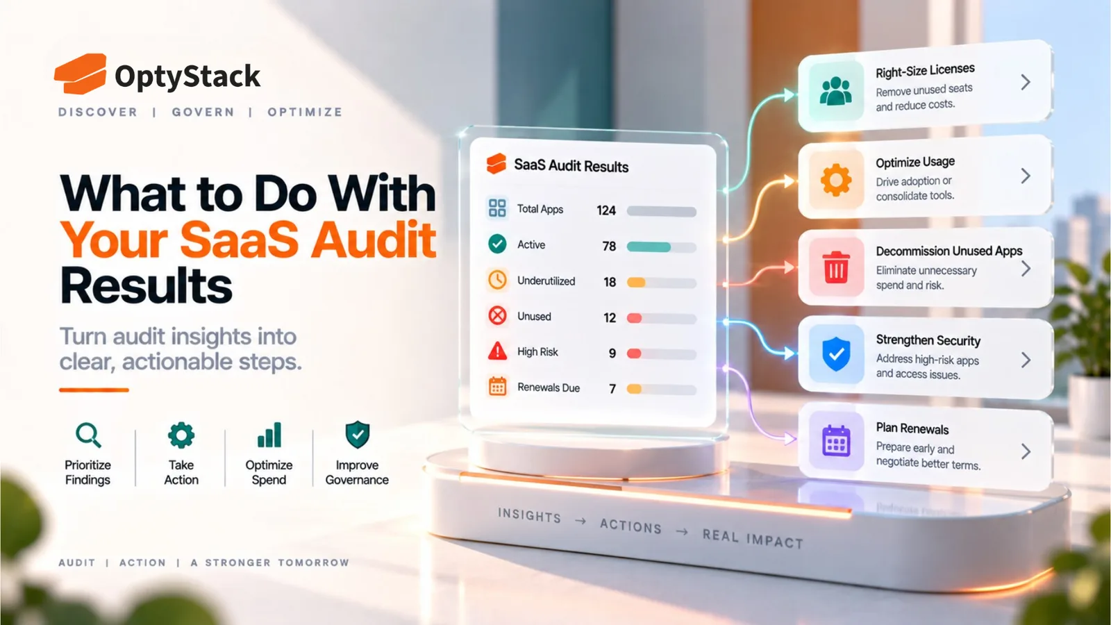 OptyStack SaaS audit results concept showing actionable next steps for right-sizing licenses, optimizing usage, decommissioning unused apps, strengthening security, and planning renewals.