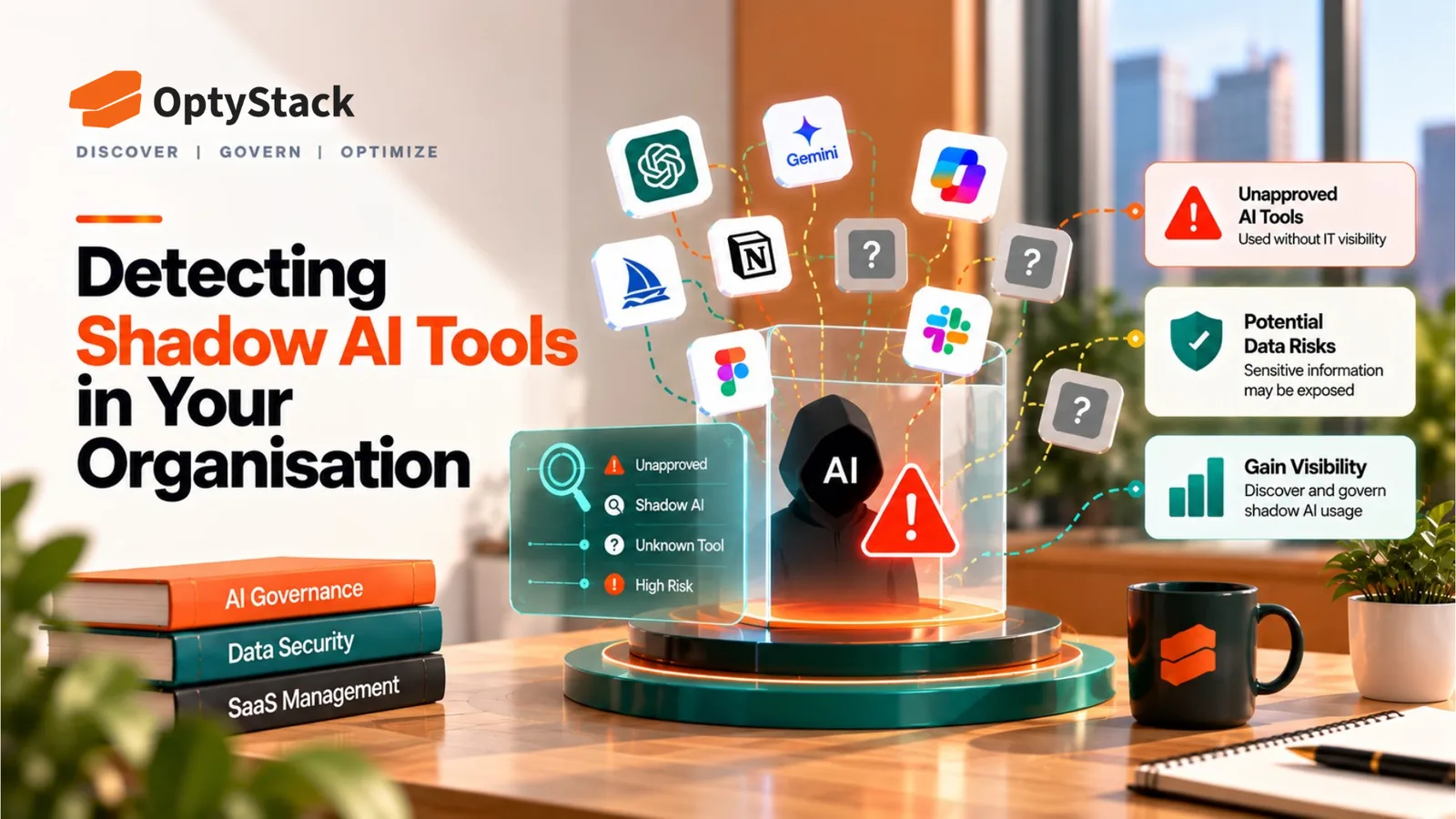 OptyStack Shadow AI detection concept showing a central AI risk figure surrounded by connected AI tool icons, with visual indicators for unapproved tools, potential data risks, and improved visibility.