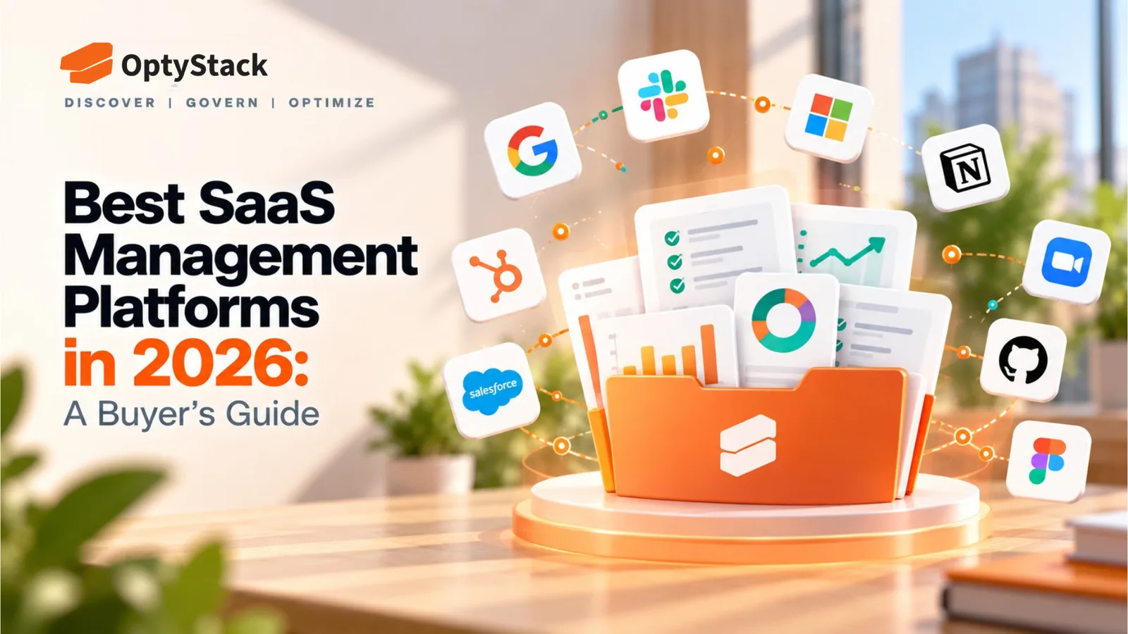OptyStack graphic for a 2026 SaaS management buyer’s guide, featuring floating SaaS application logos, analytics cards, and a central SaaS management folder representing visibility, cost control, compliance, and optimization.