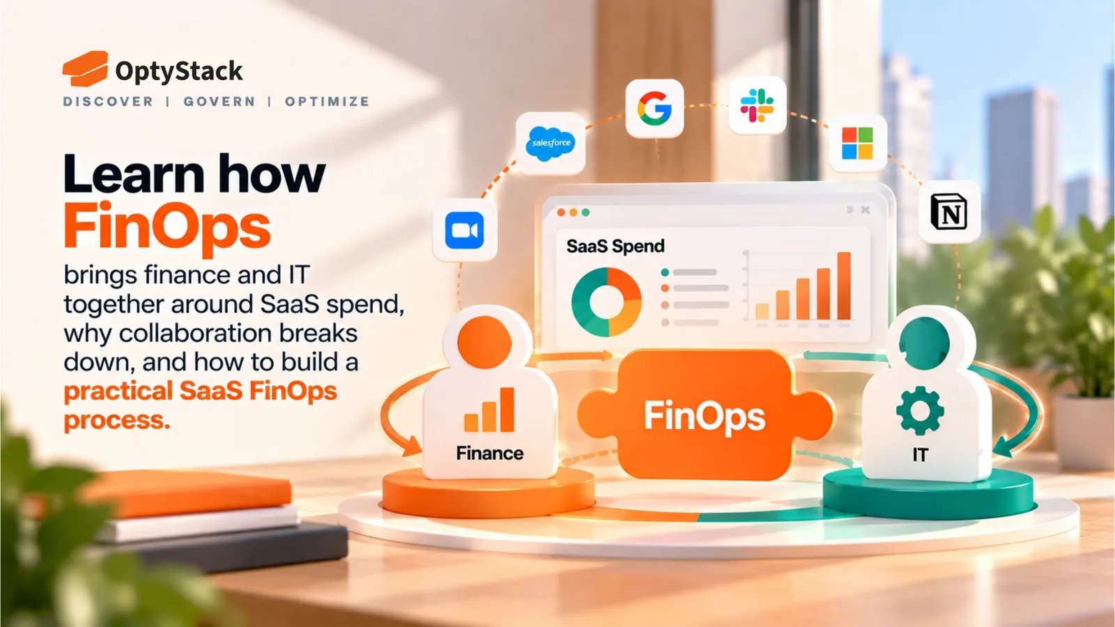 OptyStack graphic illustrating SaaS FinOps, with Finance and IT connected through a central FinOps hub, SaaS spend charts, and software app icons representing collaboration, spend visibility, and optimization.