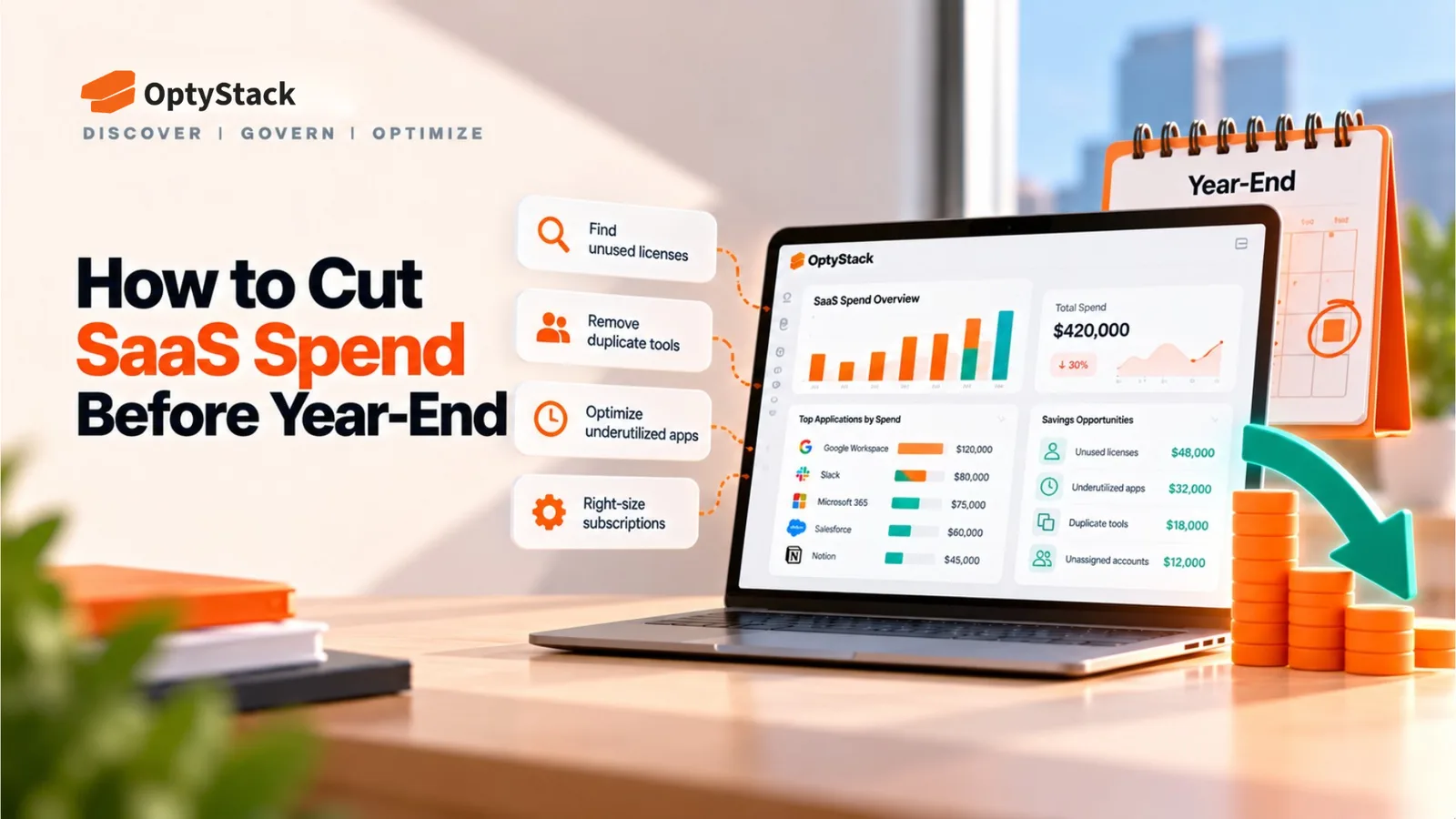 OptyStack graphic illustrating how to cut SaaS spending before year-end, featuring a SaaS spend dashboard, year-end calendar, and cost-saving strategies such as identifying unused licenses, removing duplicate tools, optimizing underutilized apps, and right-sizing subscriptions.