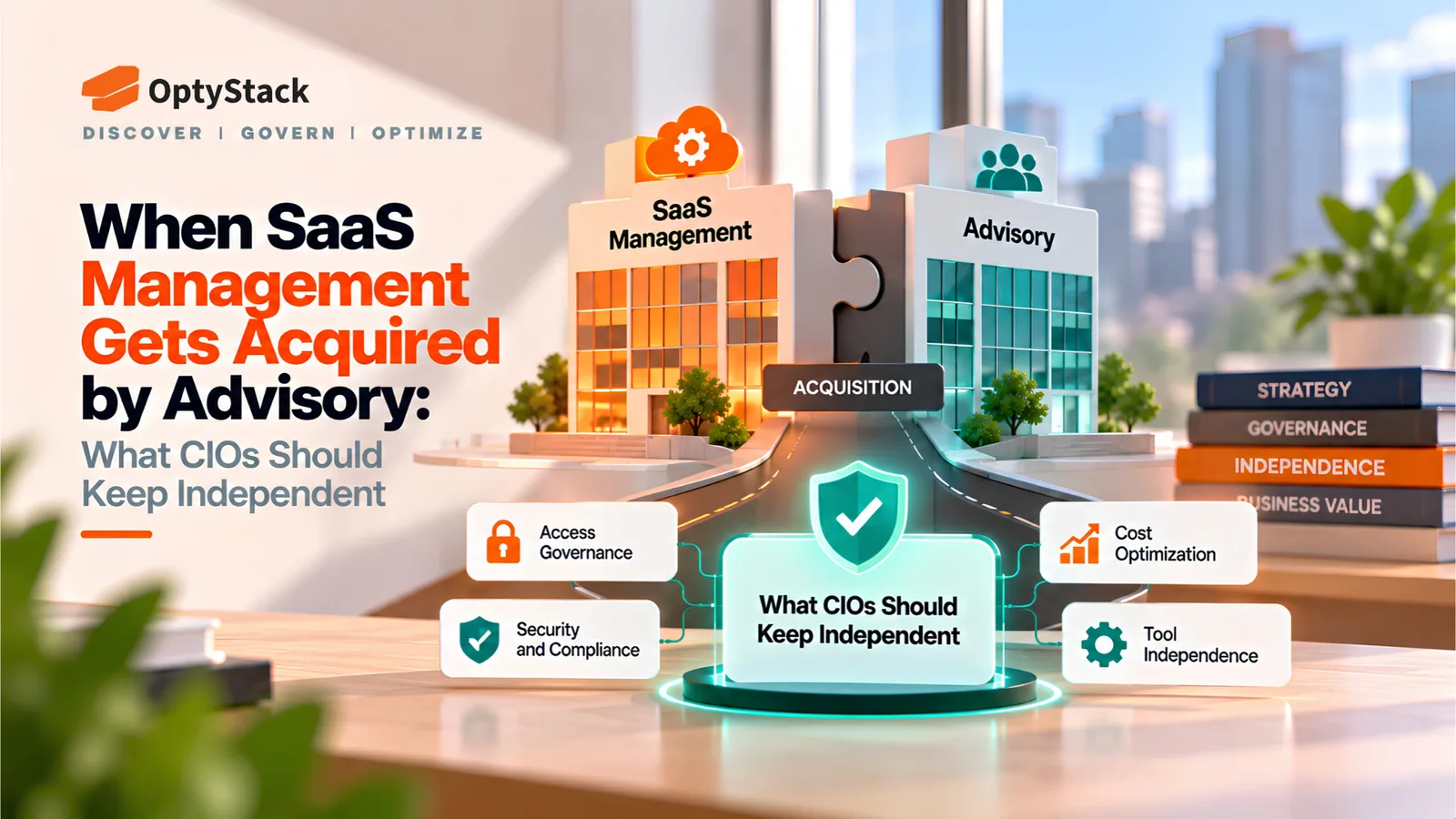 OptyStack graphic illustrating what CIOs should keep independent when a SaaS management platform is acquired by an advisory firm, featuring connected SaaS management and advisory buildings, an acquisition symbol, and key priorities including access governance, security and compliance, cost optimization, and tool independence.