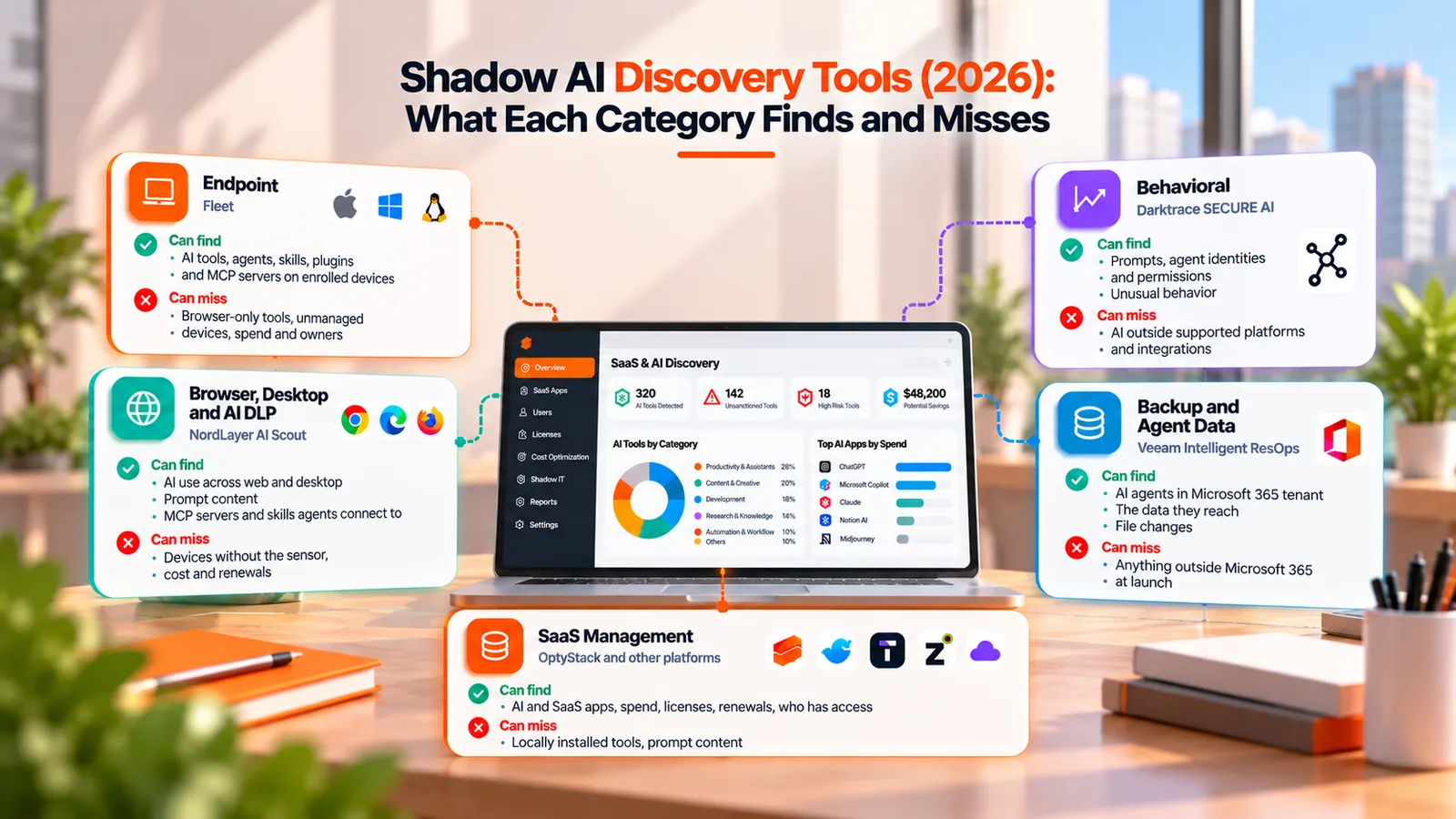 OptyStack infographic comparing five Shadow AI discovery tool categories in 2026: endpoint monitoring, browser and AI data loss prevention, behavioral analysis, backup and AI agent data, and SaaS management. A central SaaS and AI discovery dashboard highlights app inventory, usage, spending, and risk metrics, while surrounding panels explain what each category can detect and what it may miss.