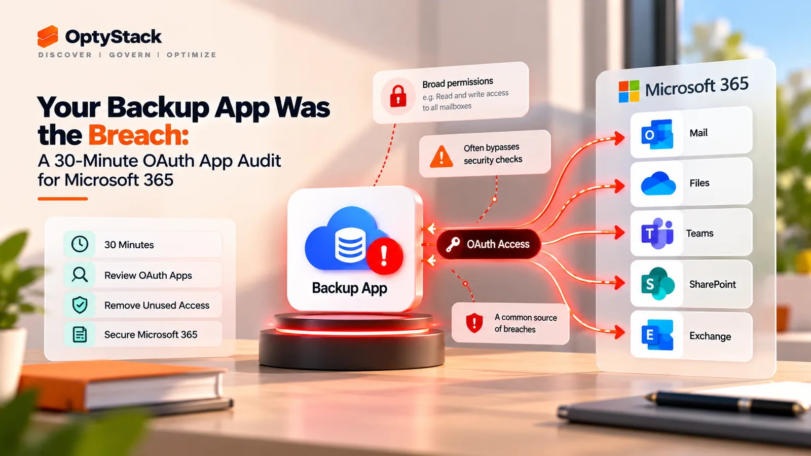OptyStack infographic illustrating how a third-party backup app can create an OAuth security risk in Microsoft 365. The graphic highlights broad app permissions, potential bypasses of security checks, and access pathways to Mail, Files, Teams, SharePoint, and Exchange, alongside a 30-minute audit checklist.OptyStack infographic illustrating how a third-party backup app can create an OAuth security risk in Microsoft 365. The graphic highlights broad app permissions, potential bypasses of security checks, and access pathways to Mail, Files, Teams, SharePoint, and Exchange, alongside a 30-minute audit checklist.