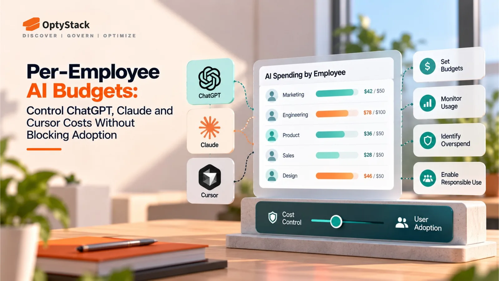 OptyStack infographic illustrating per-employee AI budgets for controlling ChatGPT, Claude, and Cursor costs without restricting adoption. A central AI spending dashboard compares departmental budgets and usage, with supporting panels highlighting budget setting, usage monitoring, overspend detection, and responsible AI adoption.