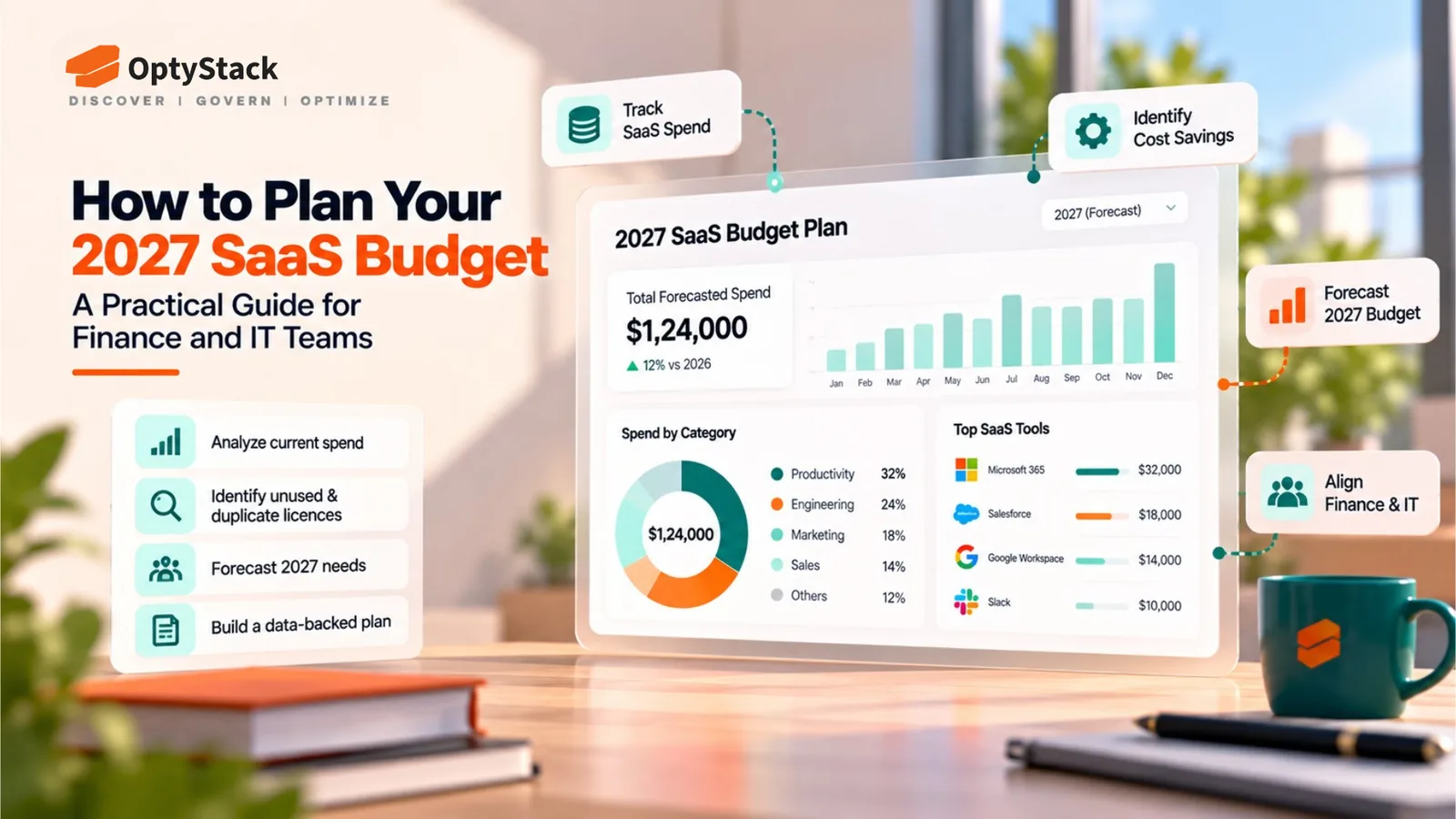 OptyStack infographic illustrating how finance and IT teams can plan their 2027 SaaS budget. A central budget dashboard displays forecasted spending, monthly projections, software spending by category, and top SaaS tools, alongside key steps for analyzing current costs, identifying unused licenses, forecasting future needs, finding savings, and aligning finance and IT teams.
