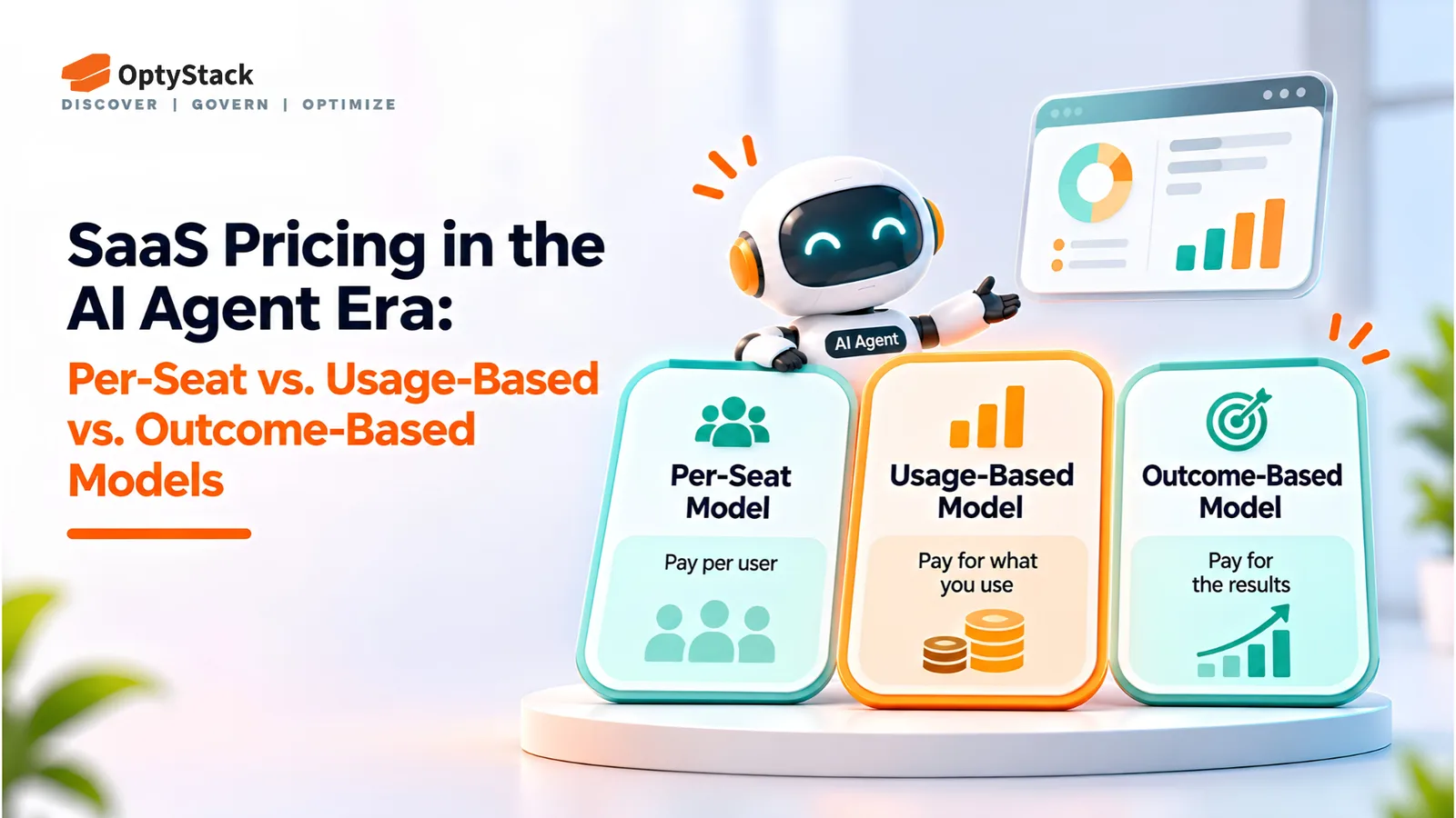 OptyStack infographic comparing three SaaS pricing models in the AI agent era: per-seat, usage-based, and outcome-based pricing. A friendly AI robot stands above three visual panels illustrating payment per user, payment based on consumption, and payment for results, with an analytics dashboard in the background.